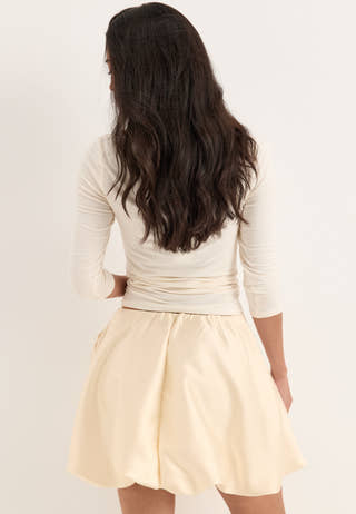 Rose Bubble-Hem Satin Mini Skirt/Top White