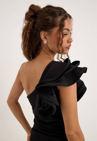 One Shoulder Ruffle Stretch Gown Black
