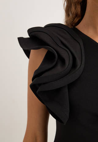 One Shoulder Ruffle Stretch Gown Black
