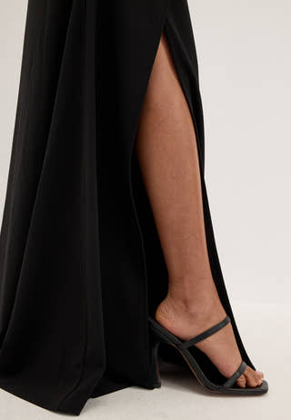 One Shoulder Ruffle Stretch Gown Black