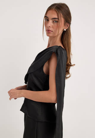 Satin One Shoulder Blouse Black