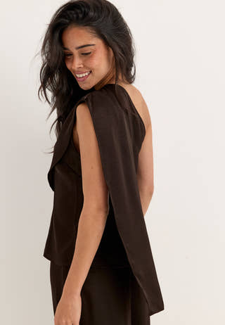 Satin One Shoulder Blouse Brown