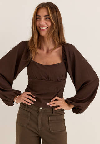 Square Neck Long Sleeve Top Brown
