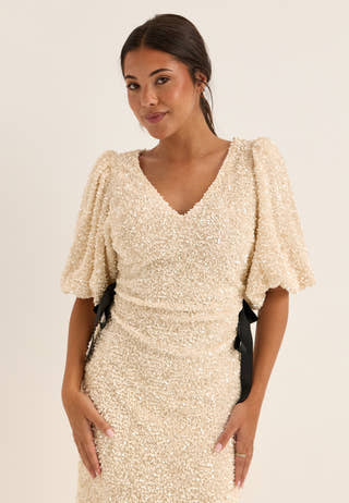 Puff Sleeve Sequin Ankle Dress White