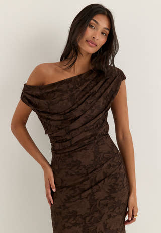 Asymmetric Draped Floral Burnout Maxi Dress Brown