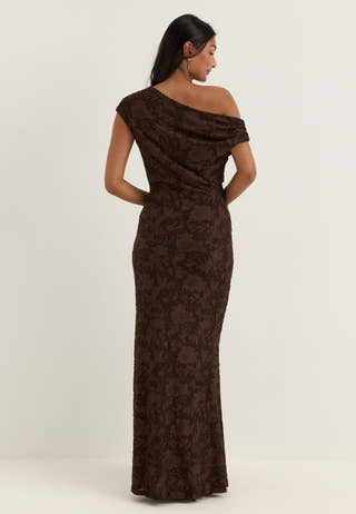 Asymmetric Draped Floral Burnout Maxi Dress Brown