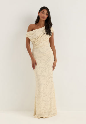 Asymmetric Draped Floral Burnout Maxi Dress
