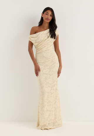 Asymmetric Draped Floral Burnout Maxi Dress
