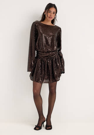 Sequin Ruched Mini Dress Brown