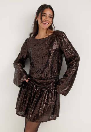 Sequin Ruched Mini Dress Brown
