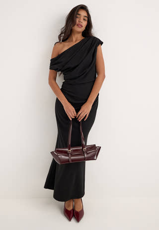Asymmetric Draped Midi Dress Black