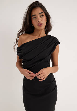 Asymmetric Draped Midi Dress Black