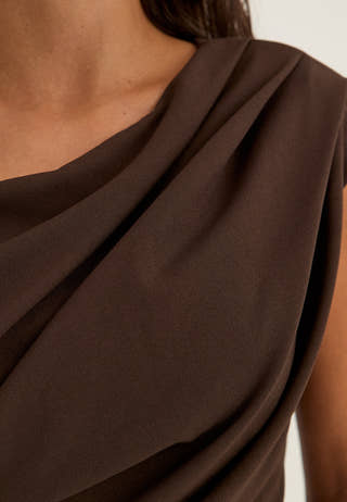 Asymmetric Draped Midi Dress Brown