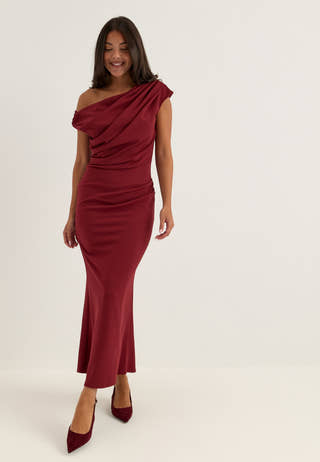 Asymmetric Draped Midi Dress Red