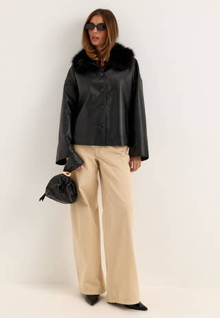 Fur Collar PU Jacket Black