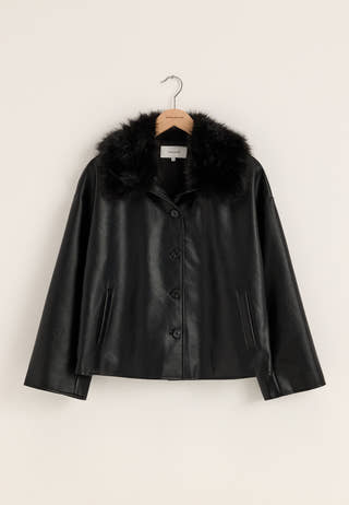 Fur Collar PU Jacket Black