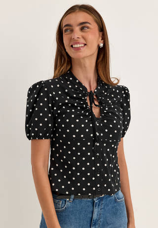 Ruched Keyhole Shirt Dotted