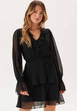 V-neck Frill L/S Chiffon Dress