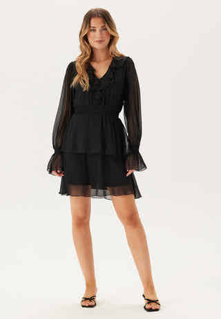 V-neck Frill L/S Chiffon Dress