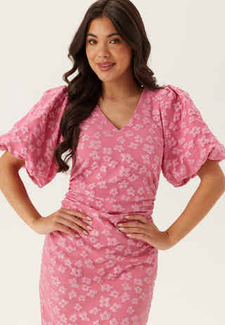 Puff Sleeve Jacquard Midi Dress