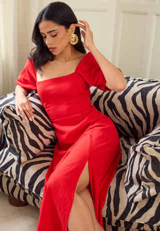 Puff Sleeve Linen Blend Dress