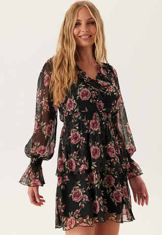 V-neck Frill L/S Chiffon Dress