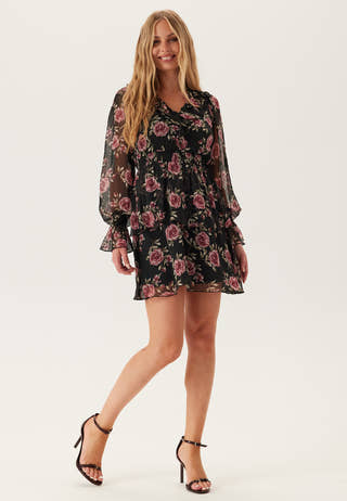 V-neck Frill L/S Chiffon Dress
