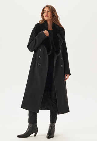 Fur Collar Belted Wool Blend Coat