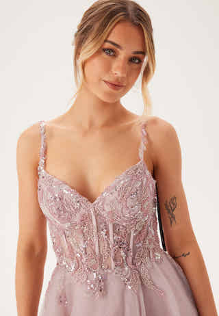 Glittering tulle evening dress with lacing