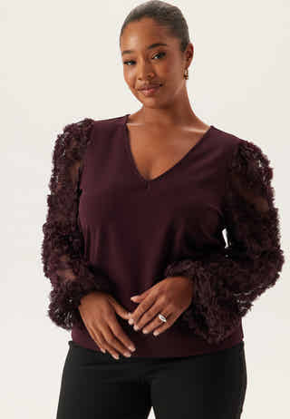 3D Floral Sleeve V-neck Top