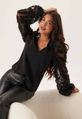 3D Floral Sleeve V-neck Top