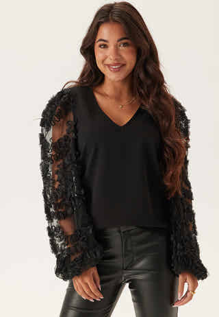 3D Floral Sleeve V-neck Top